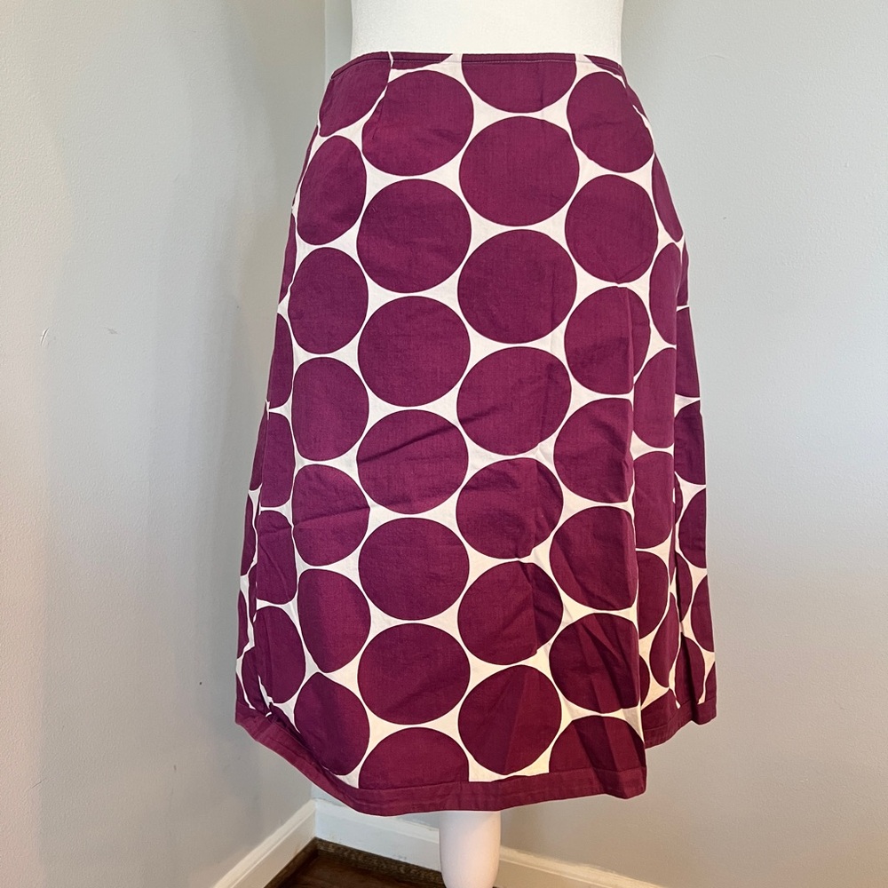 Boden A-line skirt with purple/wine colored polka dots, UK size 8